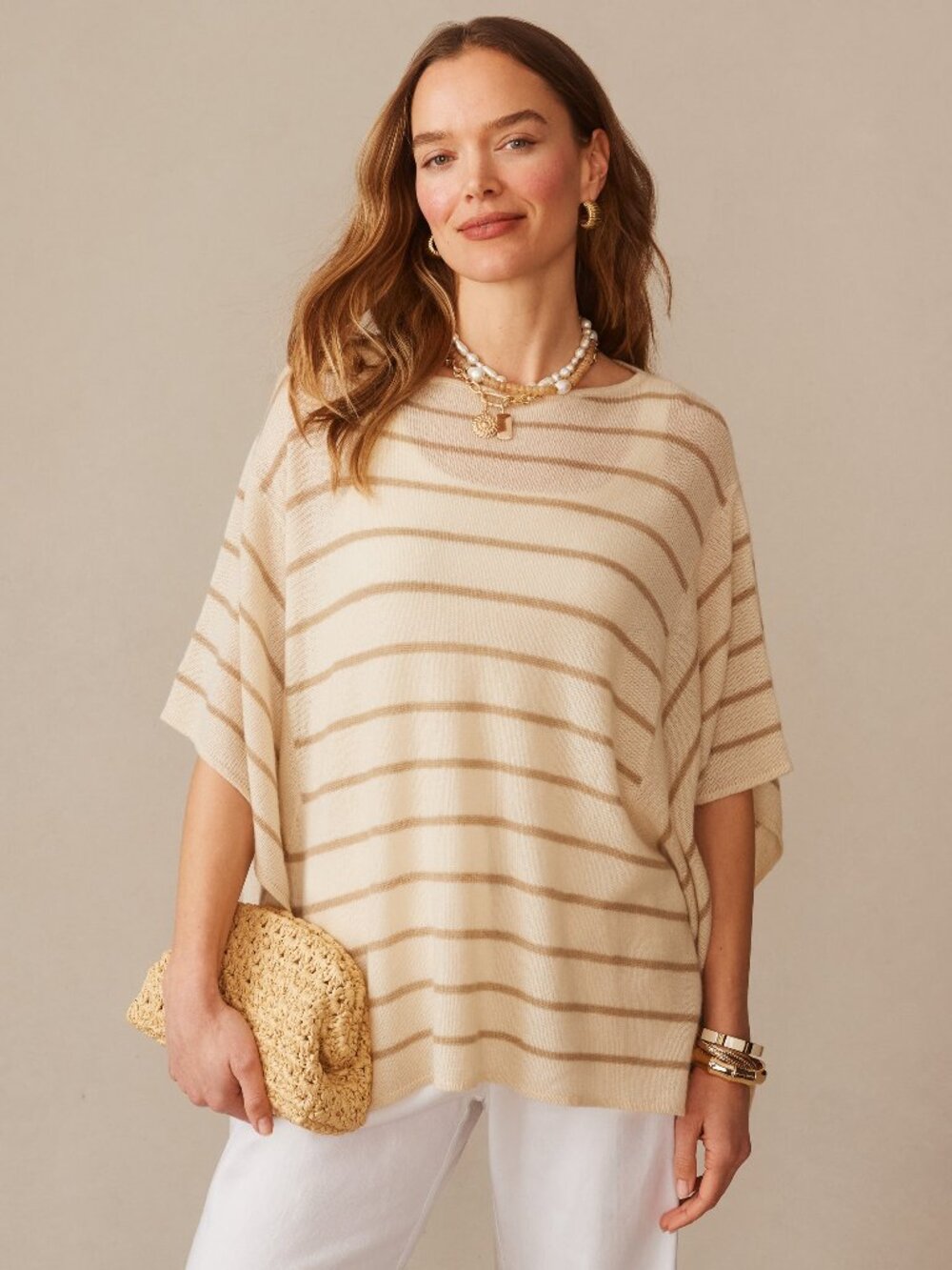 J McLaughlin Marin Cashmere Poncho in Stripe - Sand Dollar/Khaki NEW